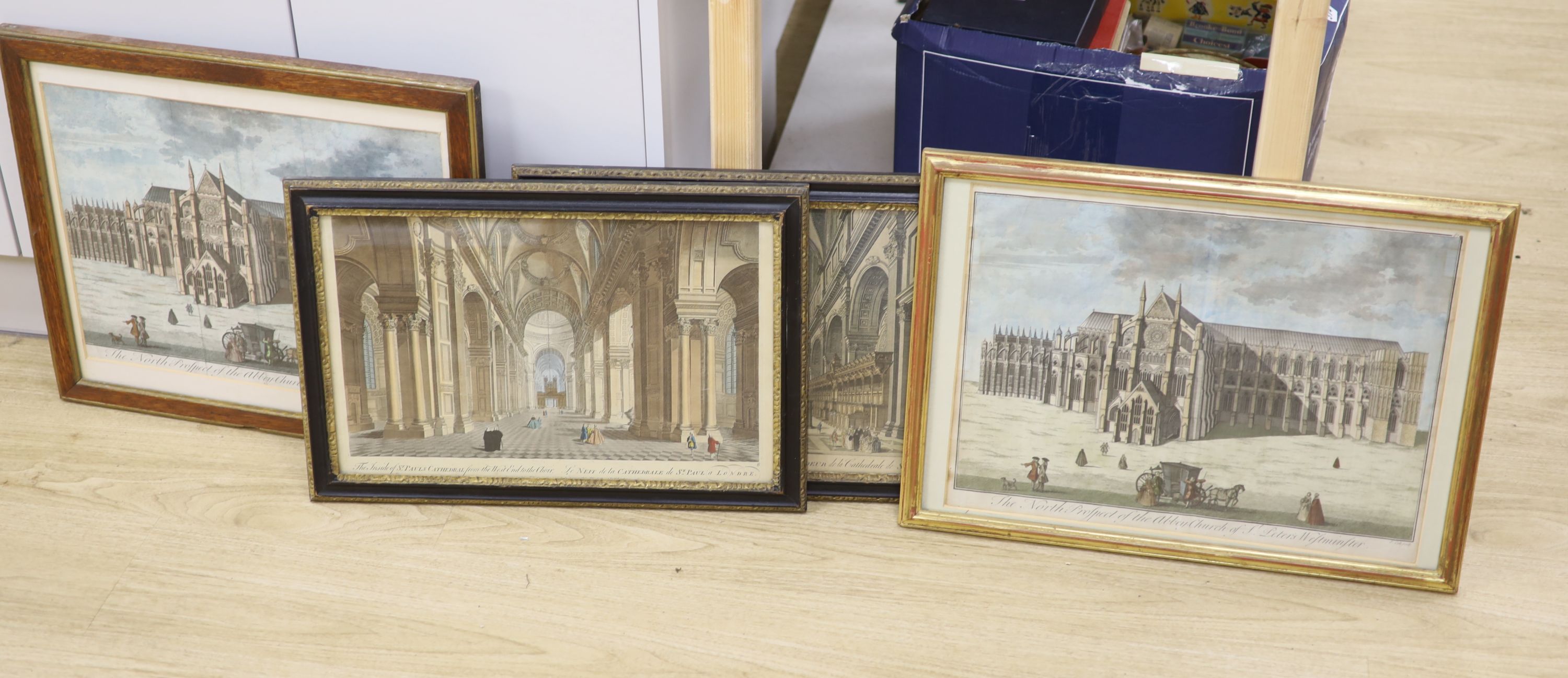 Four assorted 18th century hand coloured engravings of St Paul's Cathedral after Cole and Bowles, largest 32 x 43cm